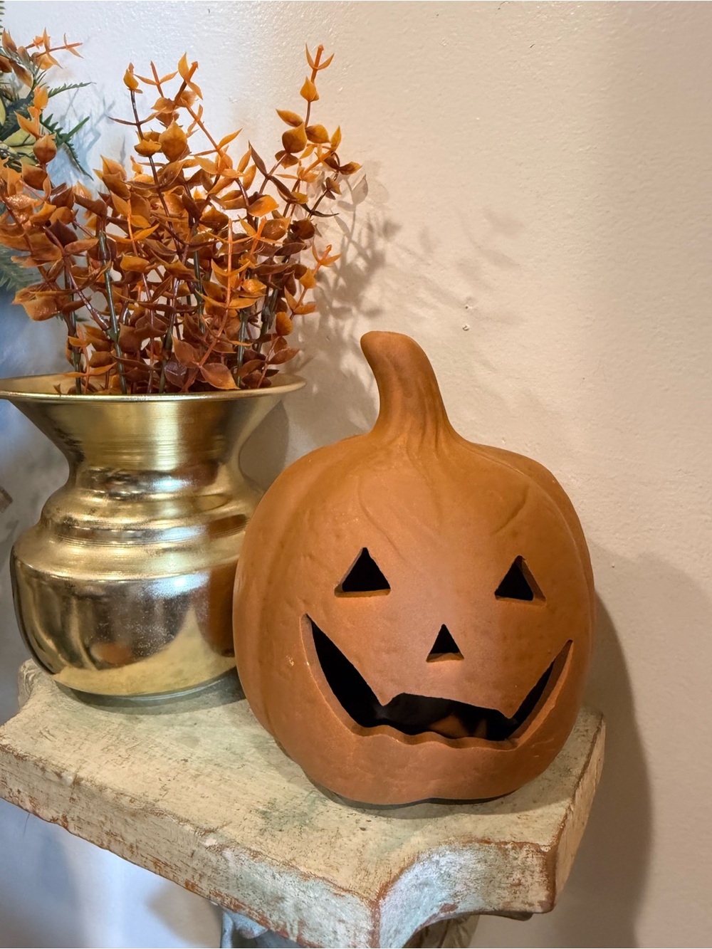 Autumn Pumpkin Ceramic Lantern - Orange -bundle with brass vessel and florals